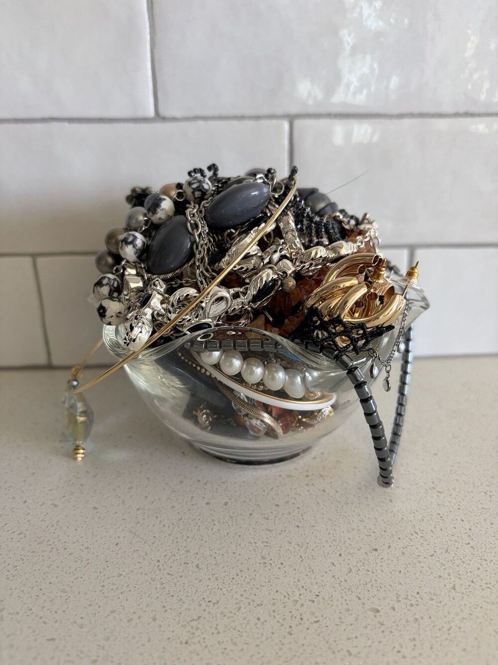 VTG Mystery Jewelry Jar  In Candy Dish Mixed Metal Gold Silver Pearl